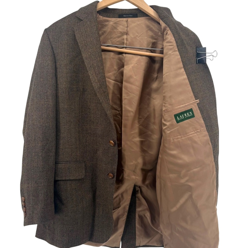 Lauren Ralph Lauren Mens 40R Brown Herringbone 100% Lambswool Blazer Sport Coat